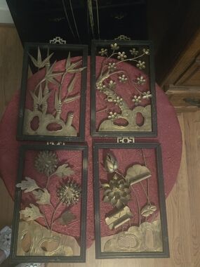 Set of 4 Decorative Brass Floral Wall Plaques - Gold & Black